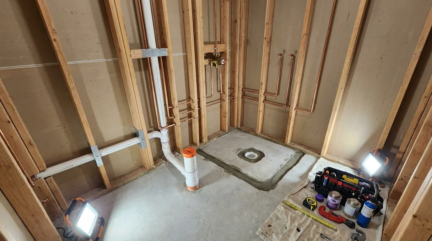Bathroom rough-in plumbing during remodel by Johns Plumbing LLC in Montevideo
