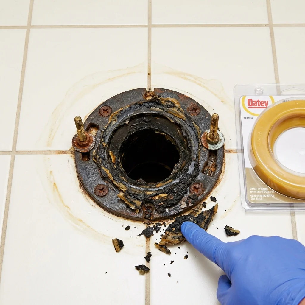 Failed wax ring showing water seepage at the base of a toilet in a Montevideo, MN home