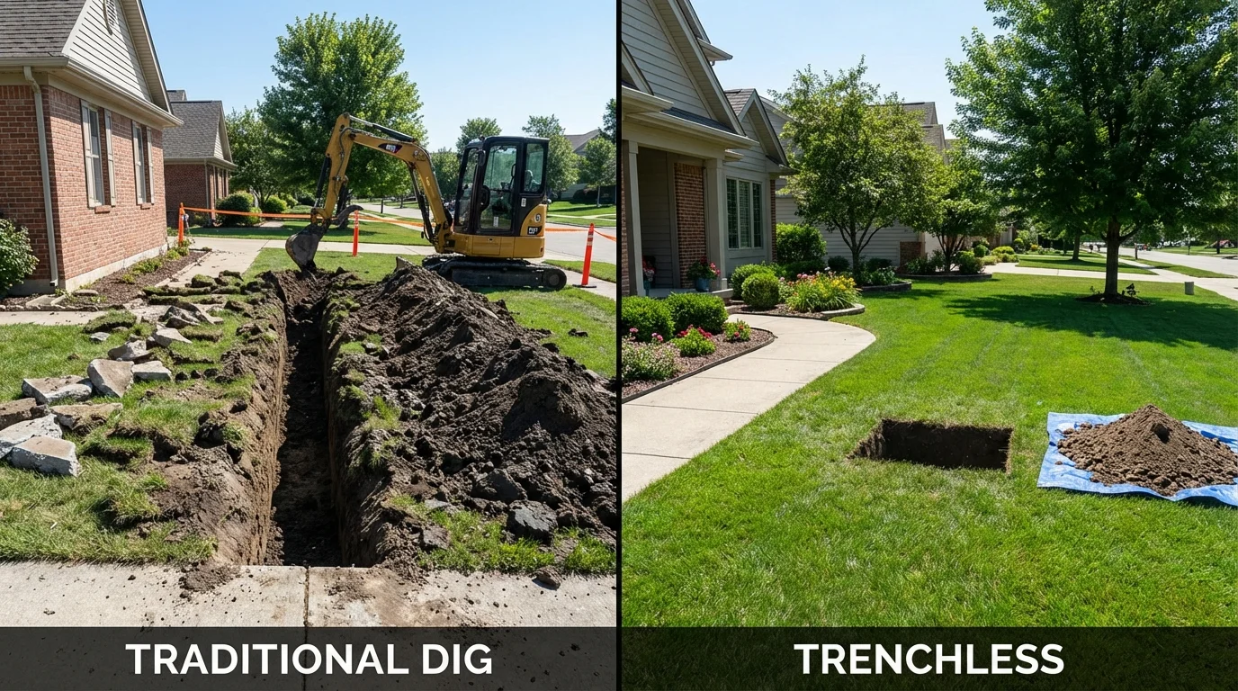 Trenchless sewer repair with minimal yard damage versus traditional excavation in Montevideo, MN