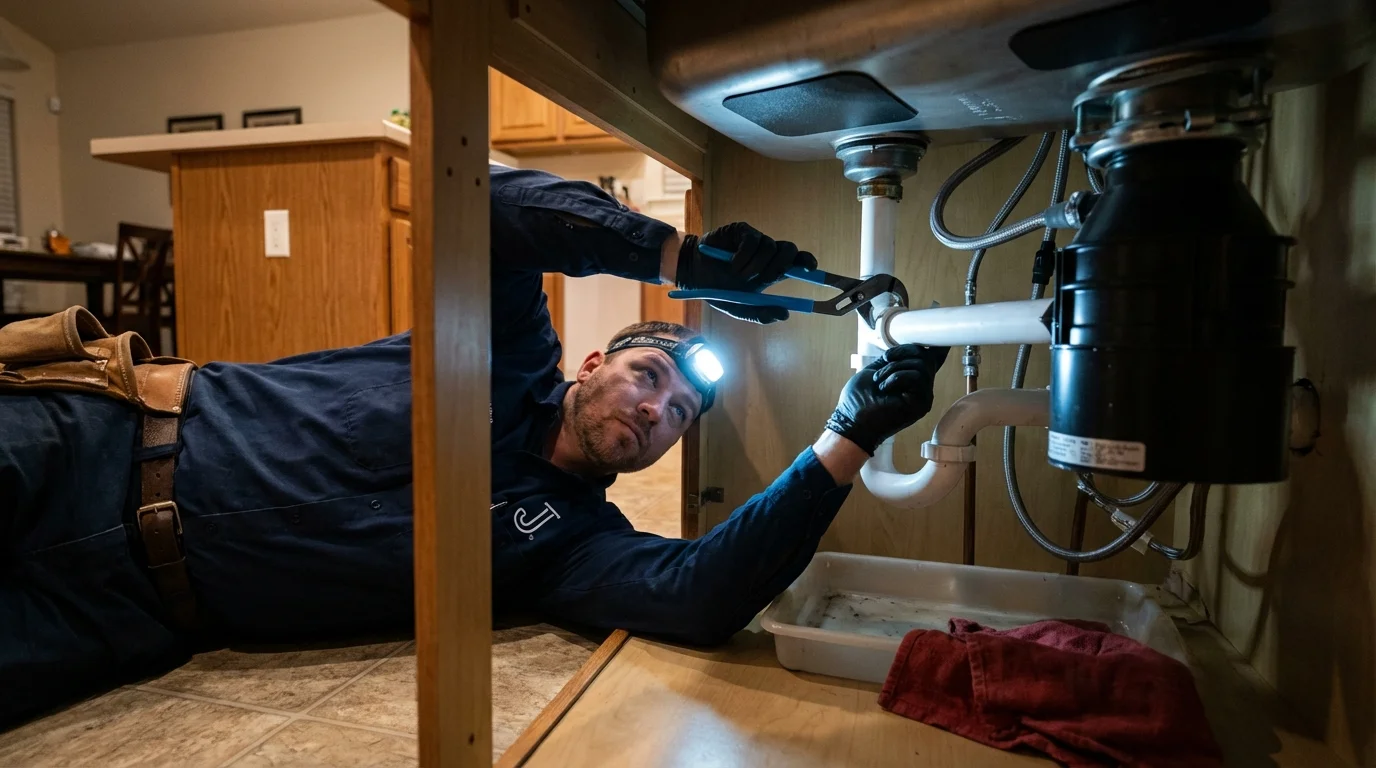 P-trap and supply line connections under a kitchen sink showing a common leak point in Montevideo, MN